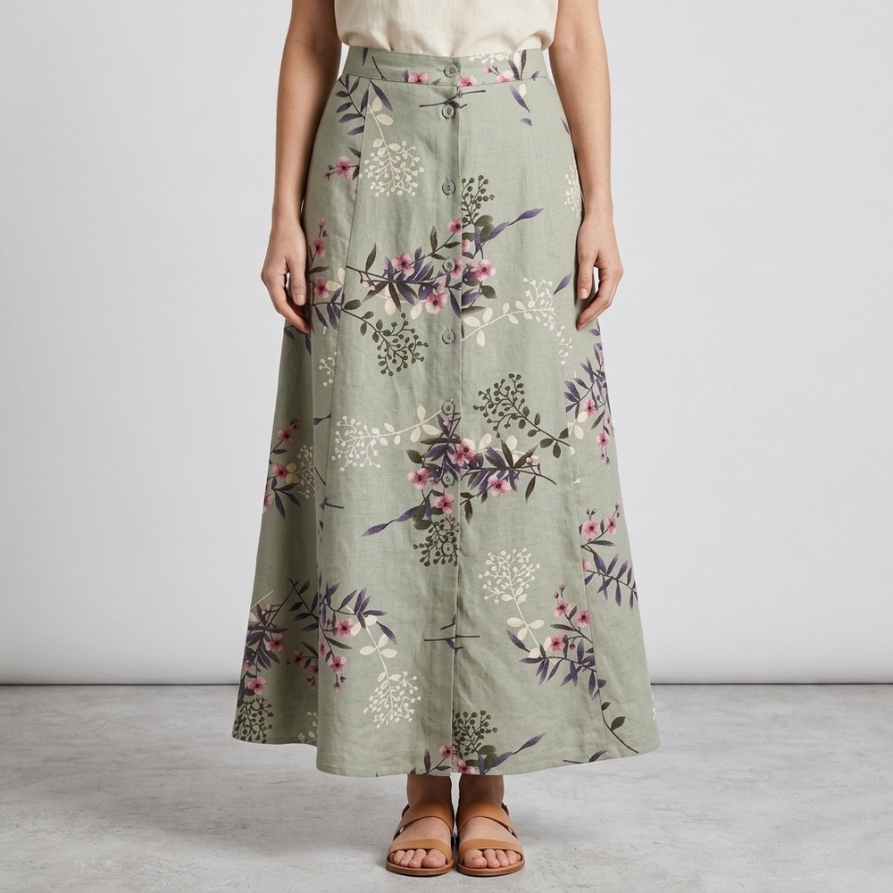 Vintage 90s Requirements Green Cottagecore Floral Maxi A-Line Skirt M